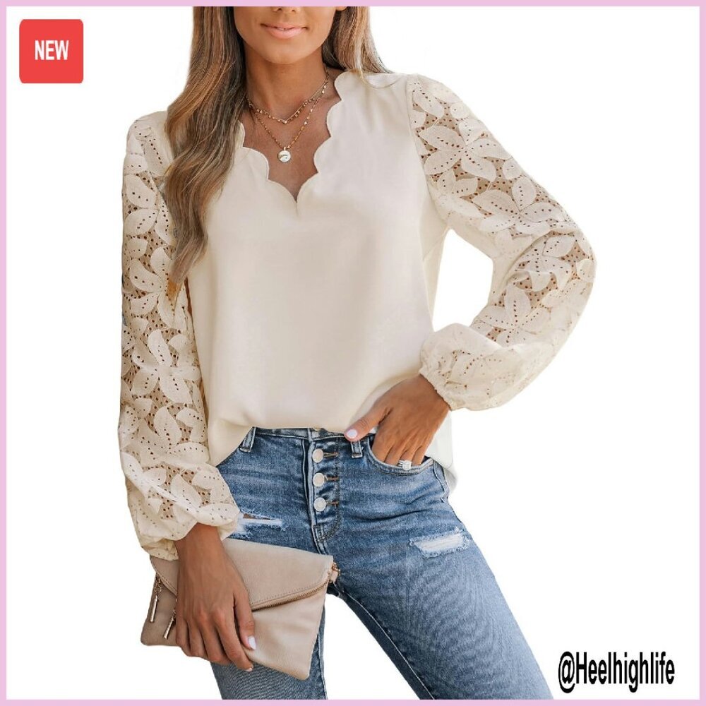 Long Sleeve Lace Blouse V-Neck Eyelet Floral Elegant Dressy Party Top
